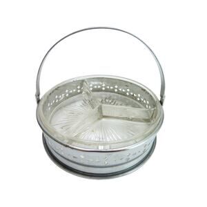 Vintage Metal & Glass Divided Candy Dish Condiment, Jewelry Tray Silver Tone